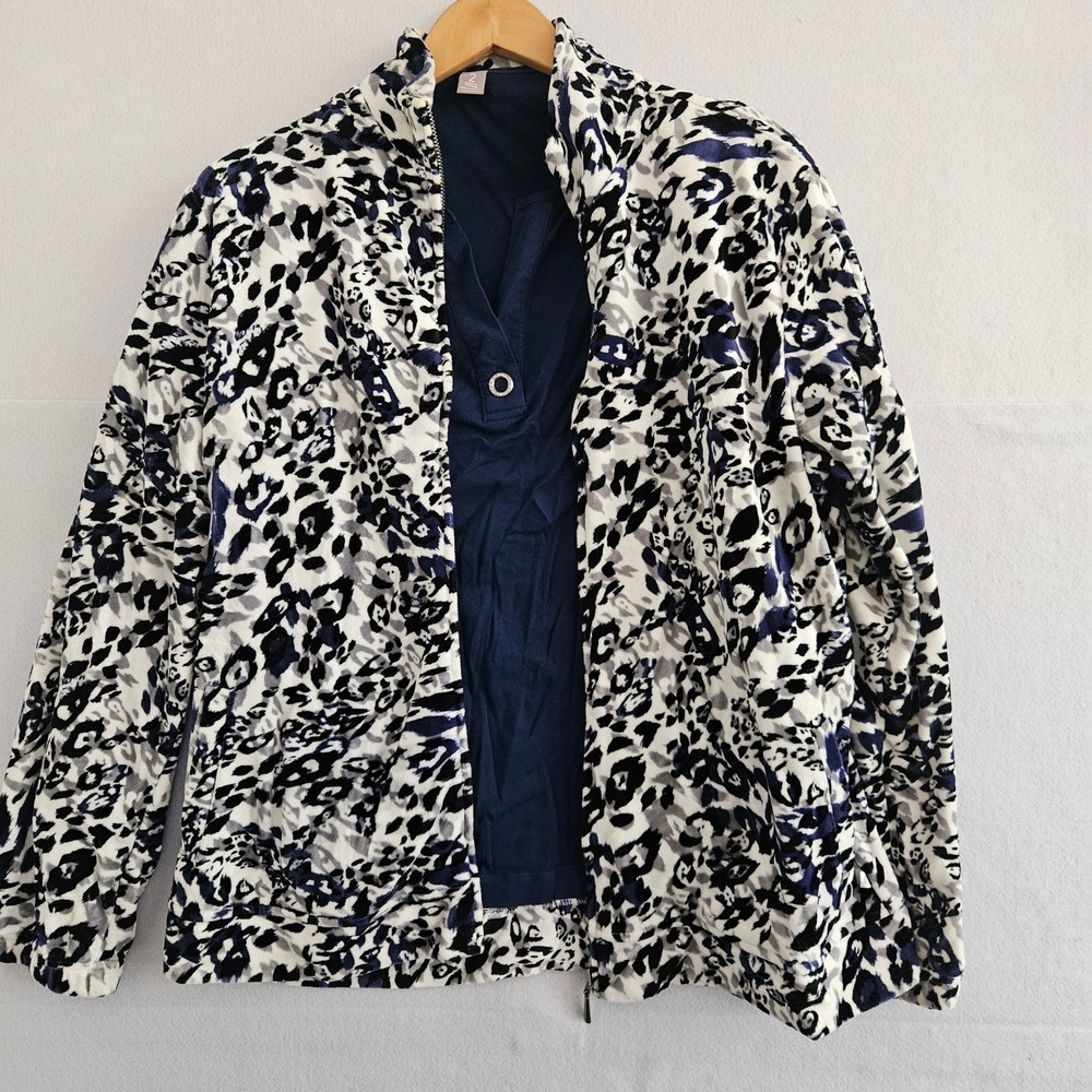Chicos Zenergy 2 Piece Set Jacket Top Navy Blue Animal Print Velour Size 2 Large